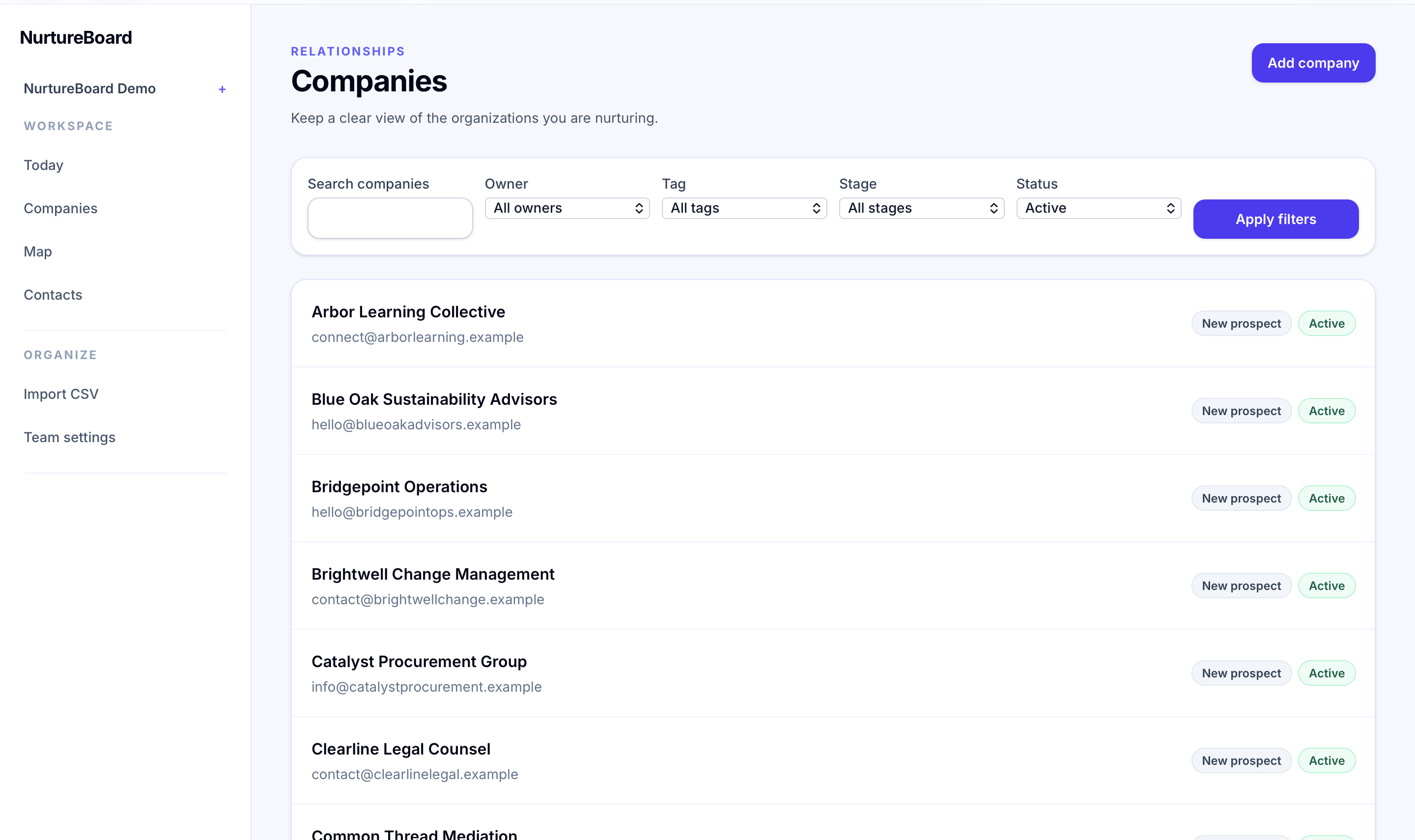 NurtureBoard companies list with status and relationship stage