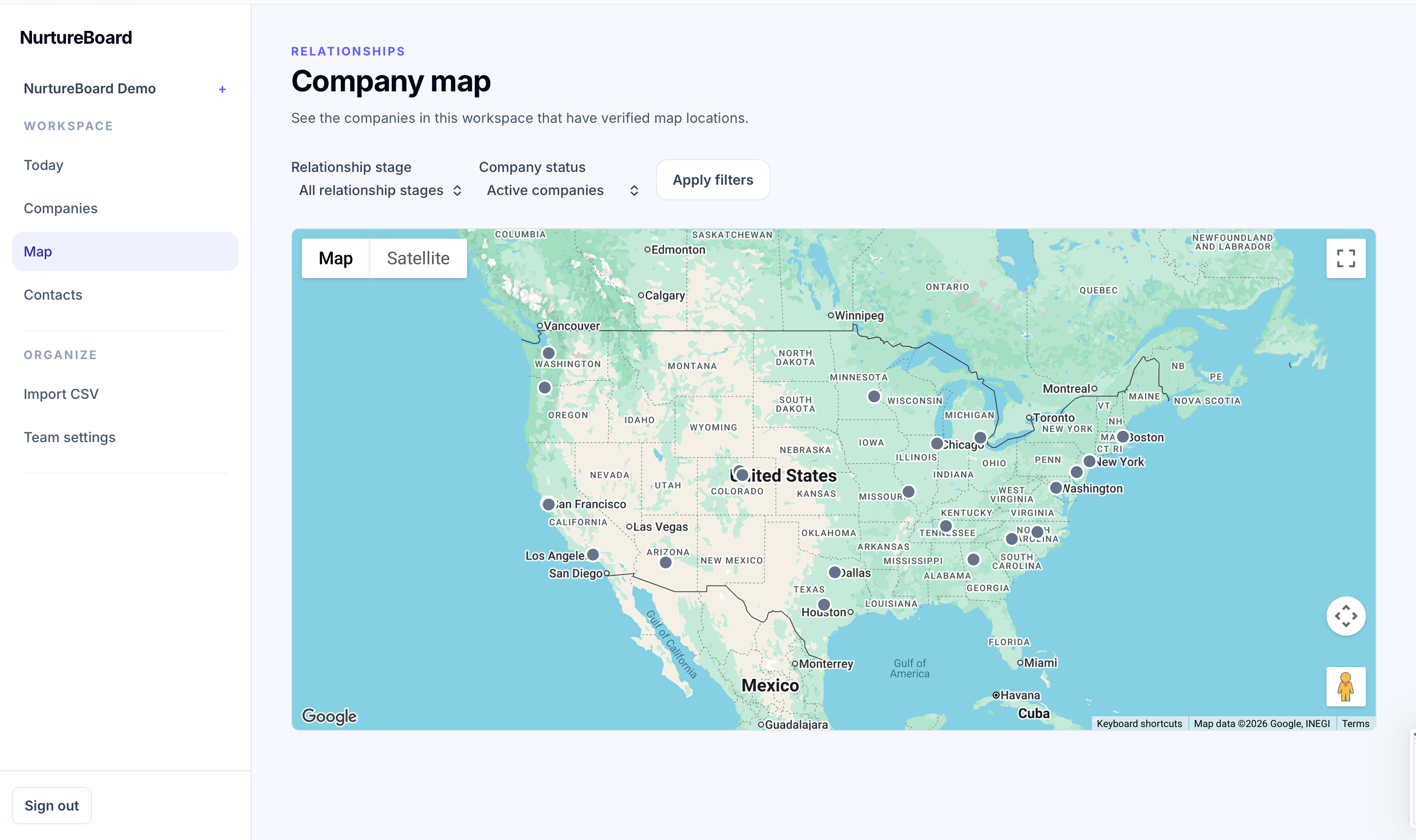 NurtureBoard map plotting company locations