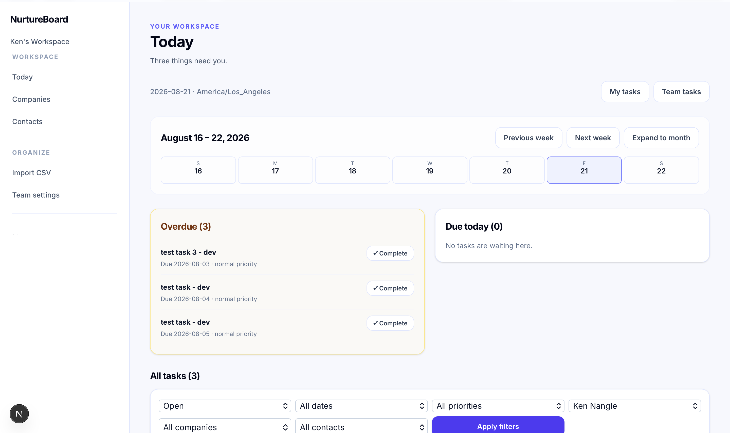 NurtureBoard Today page showing overdue and due-today tasks