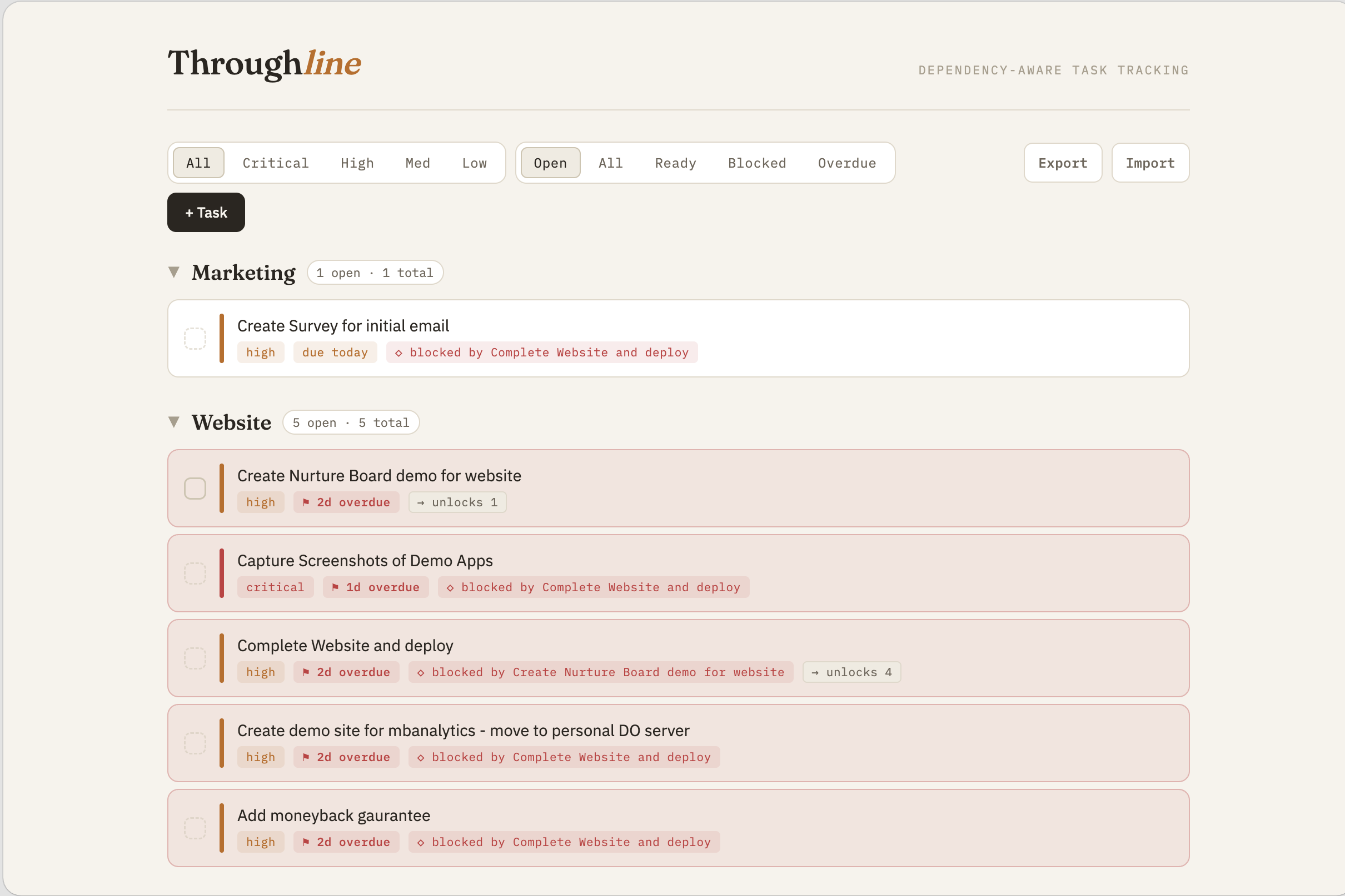 Throughline dependency view showing blocked and ready tasks