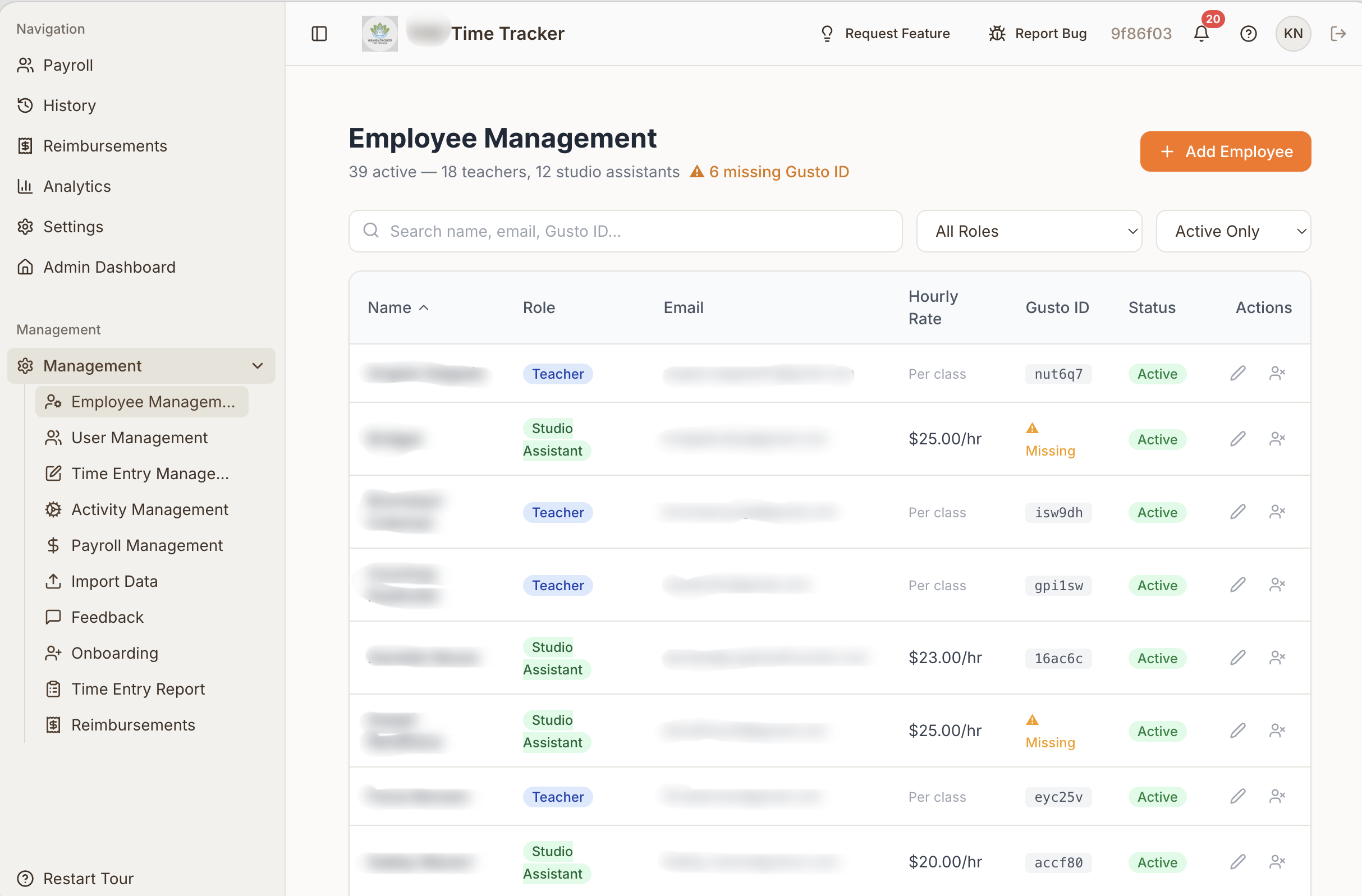 Time Tracker employee management list