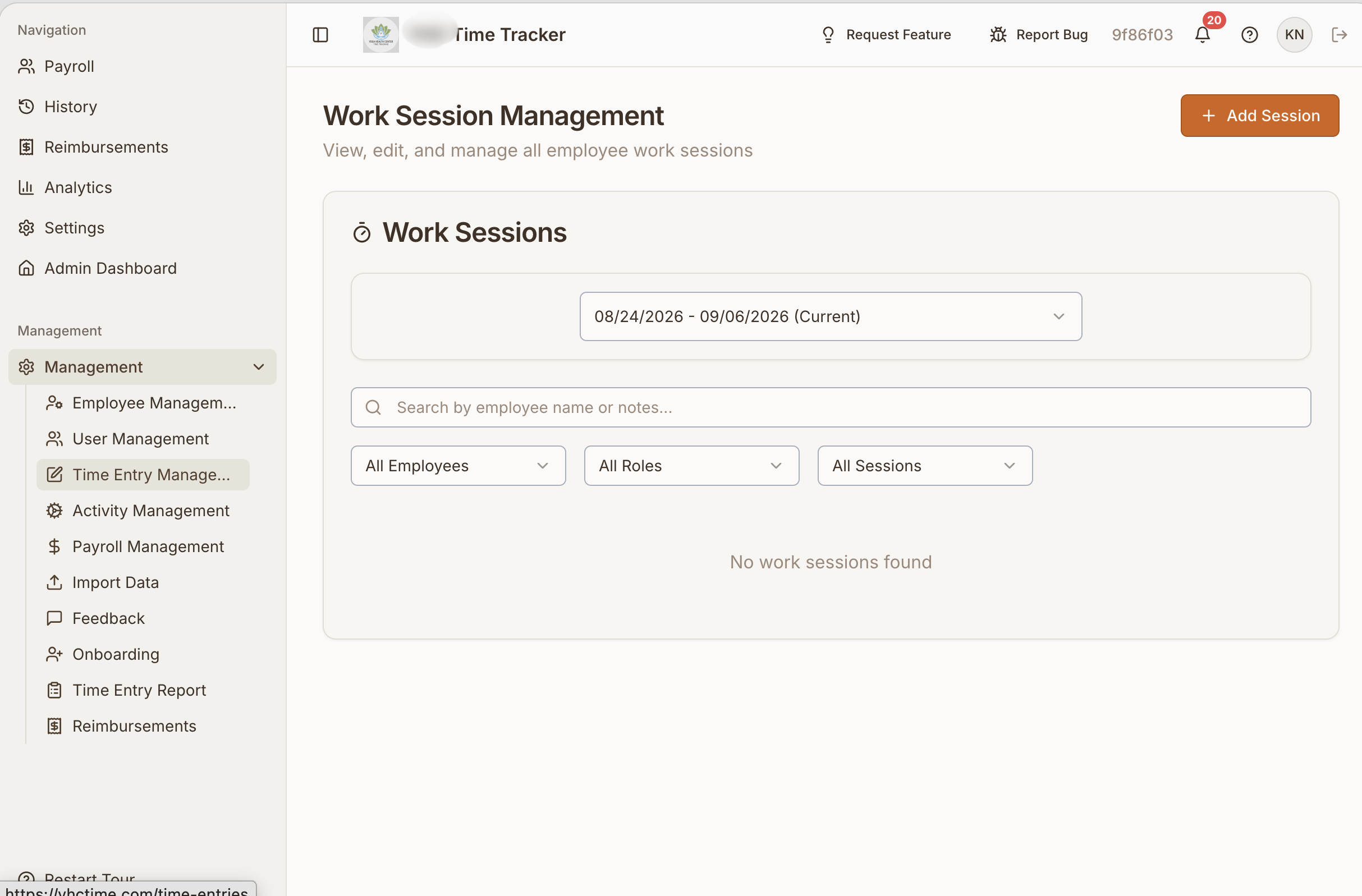 Time Tracker work session management view