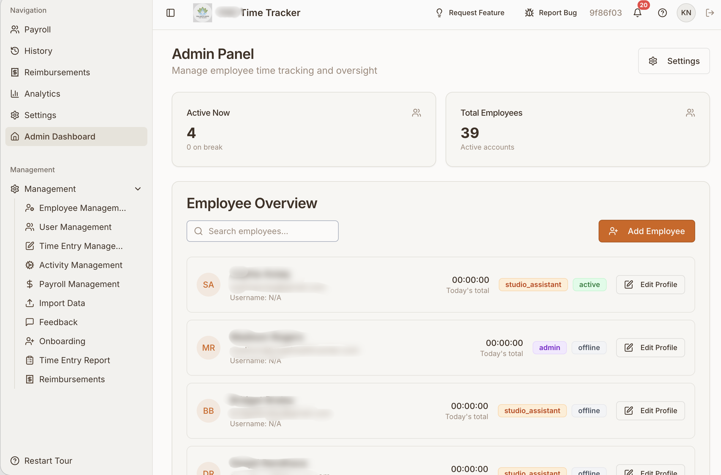 Time Tracker administration panel